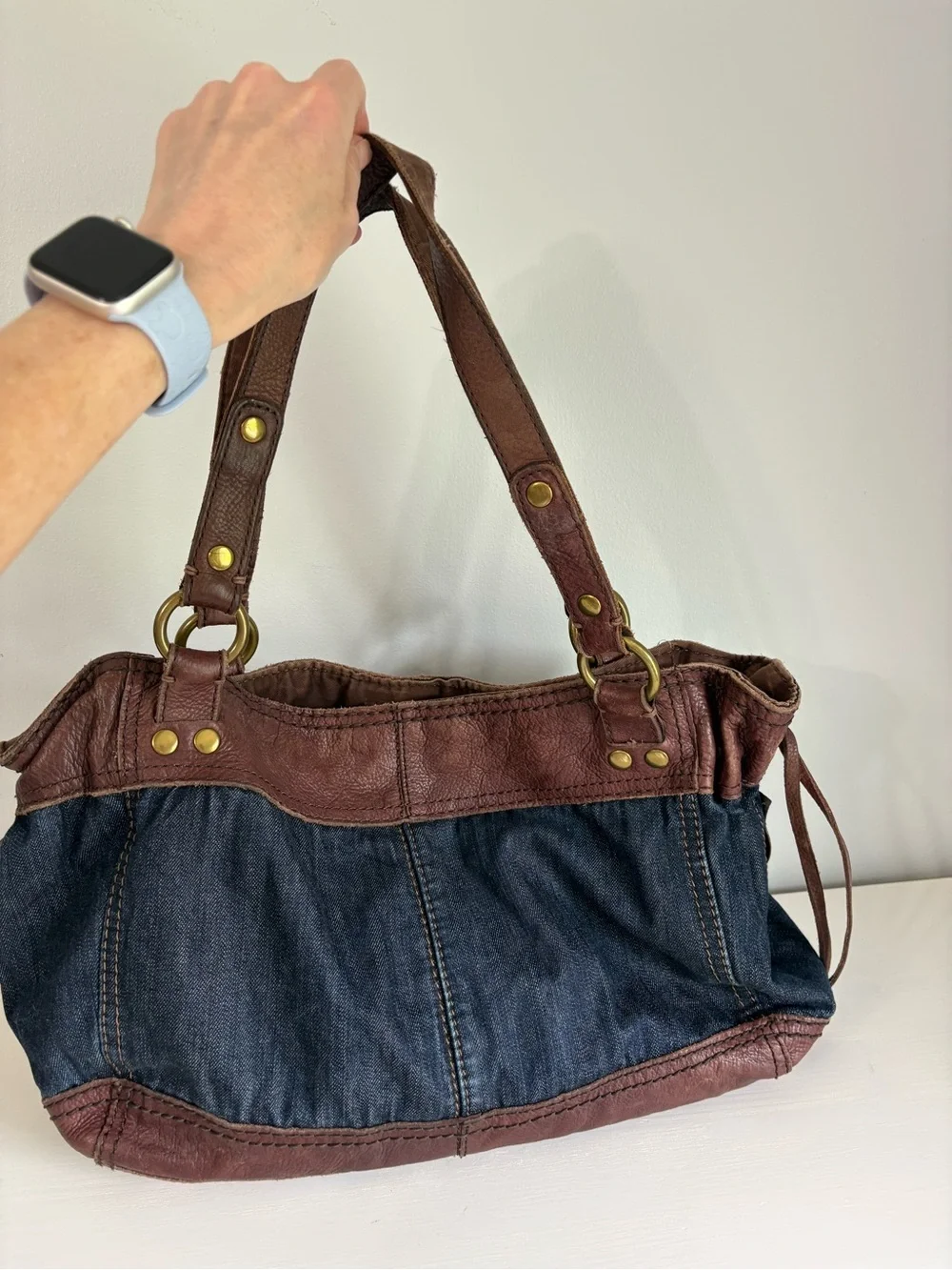 Lucky Brand Vintage Y2K Denim Leather Slouchy Hobo Shoulder Bag Tote Carnaby St